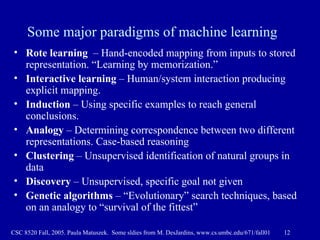 Some major paradigms of machine learning Rote learning   –  Hand-encoded mapping from inputs to stored representation. “Learning by memorization.”  Interactive learning   –  Human/system interaction producing explicit mapping. Induction   –  Using specific examples to reach general conclusions.  Analogy  –   Determining correspondence between two different representations. Case-based reasoning  Clustering   – Unsupervised identification of natural groups in data Discovery   –  Unsupervised, specific goal not given  Genetic algorithms  – “Evolutionary” search techniques, based on an analogy to “survival of the fittest” 