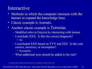 Interactive Methods in which the computer interacts with the human to expand the knowledge base Classic example is Animals. Another classic example is  Teiresias 1 . Modified rules in Emycin by interacting with human I conclude XXX.  Is this the correct diagnosis? No I concluded XXX based on YYY and ZZZ.  Is this rule correct, incorrect, or incomplete? Incomplete What additional tests should be added to the rule? 1.  B. Buchanan and E. Shortliffe,  Rule-Based Expert Systems . Reading, MA: Addison-Wesley, 1984.   