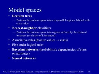 Model spaces Decision trees Partition the instance space into axis-parallel regions, labeled with class value Nearest-neighbor  classifiers Partition the instance space into regions defined by the centroid instances (or cluster of k instances) Associative rules (feature values  -> class) First-order logical rules Bayesian networks  (probabilistic dependencies of class on attributes) Neural networks 