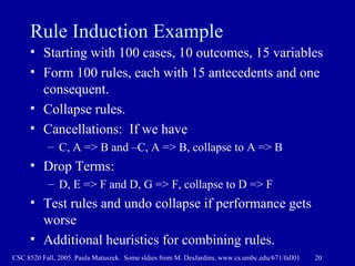 Rule Induction Example Starting with 100 cases, 10 outcomes, 15 variables Form 100 rules, each with 15 antecedents and one consequent. Collapse rules.  Cancellations:  If we have C, A => B and –C, A => B, collapse to A => B Drop Terms: D, E => F and D, G => F, collapse to D => F Test rules and undo collapse if performance gets worse Additional heuristics for combining rules. 