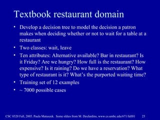 Textbook restaurant domain Develop a decision tree to model the decision a patron makes when deciding whether or not to wait for a table at a restaurant Two classes: wait, leave Ten attributes: Alternative available? Bar in restaurant? Is it Friday? Are we hungry? How full is the restaurant? How expensive? Is it raining? Do we have a reservation? What type of restaurant is it? What’s the purported waiting time? Training set of 12 examples ~ 7000 possible cases  