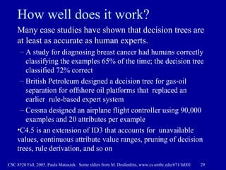 How well does it work? Many case studies have shown that decision trees are at least as accurate as human experts.  A study for diagnosing breast cancer had humans correctly classifying the examples 65% of the time; the decision tree classified 72% correct British Petroleum designed a decision tree for gas-oil separation for offshore oil platforms that  replaced an earlier  rule-based expert system Cessna designed an airplane flight controller using 90,000 examples and 20 attributes per example C4.5 is an extension of ID3 that accounts for  unavailable values, continuous attribute value ranges, pruning of decision trees, rule derivation, and so on 