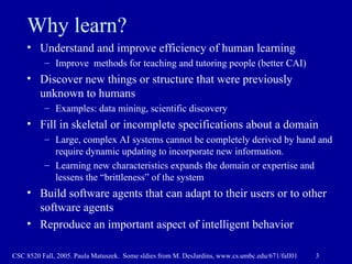 Why learn? Understand and improve efficiency of human learning Improve  methods for teaching and tutoring people (better CAI) Discover new things or structure that were previously unknown to humans Examples: data mining, scientific discovery Fill in skeletal or incomplete specifications about a domain Large, complex AI systems cannot be completely derived by hand and require dynamic updating to incorporate new information.  Learning new characteristics expands the domain or expertise and lessens the “brittleness” of the system  Build software agents that can adapt to their users or to other software agents Reproduce an important aspect of intelligent behavior 