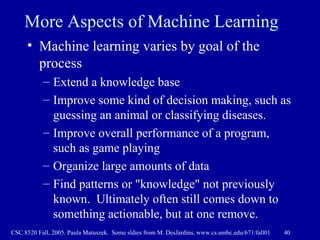 More Aspects of Machine Learning Machine learning varies by goal of the process Extend a knowledge base Improve some kind of decision making, such as guessing an animal or classifying diseases. Improve overall performance of a program, such as game playing Organize large amounts of data Find patterns or "knowledge" not previously known.  Ultimately often still comes down to something actionable, but at one remove. 