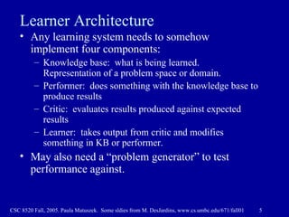 Learner Architecture Any learning system needs to somehow implement four components: Knowledge base:  what is being learned.  Representation of a problem space or domain. Performer:  does something with the knowledge base to produce results Critic:  evaluates results produced against expected results Learner:  takes output from critic and modifies something in KB or performer. May also need a “problem generator” to test performance against. 