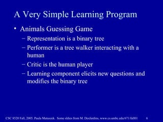 A Very Simple Learning Program Animals Guessing Game Representation is a binary tree Performer is a tree walker interacting with a human Critic is the human player Learning component elicits new questions and modifies the binary tree 