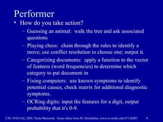 Performer How do you take action? Guessing an animal:  walk the tree and ask associated questions Playing chess:  chain through the rules to identify a move; use conflict resolution to choose one; output it. Categorizing documents:  apply a function to the vector of features (word frequencies) to determine which category to put document in Fixing computers:  use known symptoms to identify potential causes, check matrix for additional diagnostic symptoms. OCRing digits: input the features for a digit, output probability that it's 0-9.  