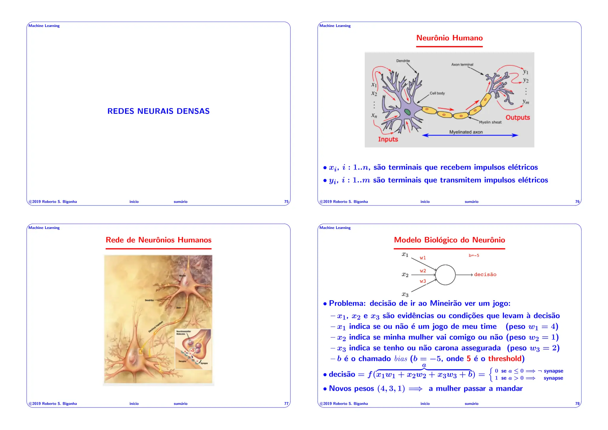 ' $
Machine Learning
REDES NEURAIS DENSAS
c 2019 Roberto S. Bigonha inı́cio sumário 75
& %
' $
Machine Learning
Neurônio Humano
• xi, i : 1..n, são terminais que recebem impulsos elétricos
• yi, i : 1..m são terminais que transmitem impulsos elétricos
c 2019 Roberto S. Bigonha inı́cio sumário 76
& %
' $
Machine Learning
Rede de Neurônios Humanos
c 2019 Roberto S. Bigonha inı́cio sumário 77
& %
' $
Machine Learning
Modelo Biológico do Neurônio
• Problema: decisão de ir ao Mineirão ver um jogo:
– x1, x2 e x3 são evidências ou condições que levam à decisão
– x1 indica se ou não é um jogo de meu time (peso w1 = 4)
– x2 indica se minha mulher vai comigo ou não (peso w2 = 1)
– x3 indica se tenho ou não carona assegurada (peso w3 = 2)
– b é o chamado bias (b = 5, onde 5 é o threshold)
• decisão = f(
a
z }| {
x1w1 + x2w2 + x3w3 + b) =
n
0 se a  0 =) ¬ synapse
1 se a > 0 =) synapse
• Novos pesos (4, 3, 1) =) a mulher passar a mandar
c 2019 Roberto S. Bigonha inı́cio sumário 78
& %
 