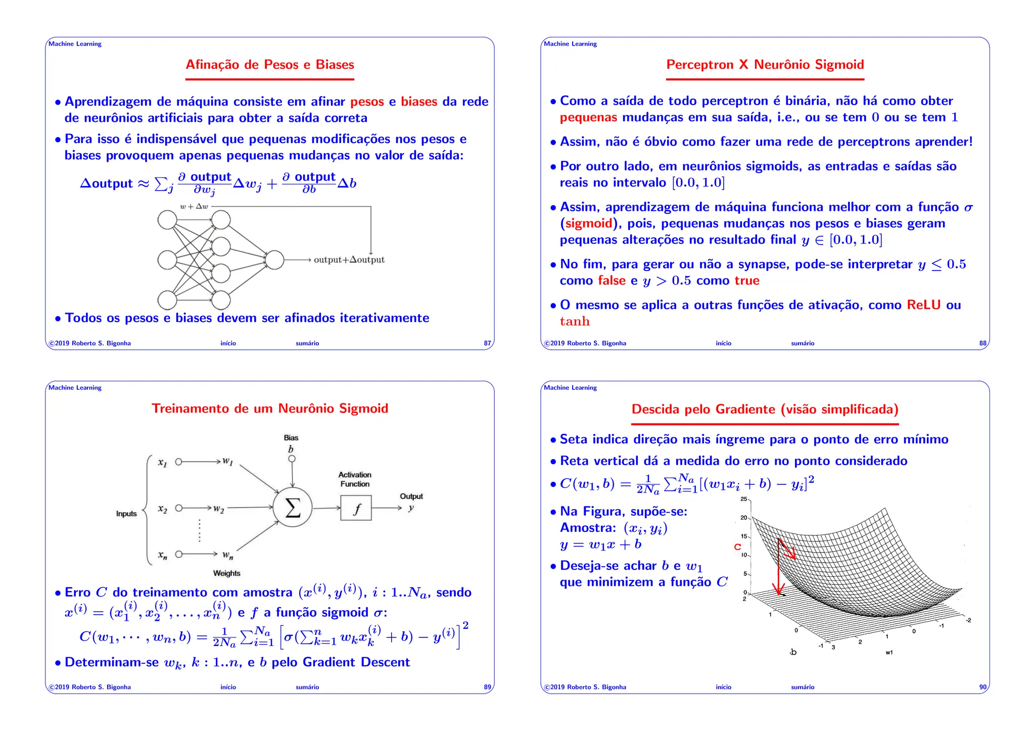 ' $
Machine Learning
Afinação de Pesos e Biases
• Aprendizagem de máquina consiste em afinar pesos e biases da rede
de neurônios artificiais para obter a saı́da correta
• Para isso é indispensável que pequenas modificações nos pesos e
biases provoquem apenas pequenas mudanças no valor de saı́da:
output ⇡
P
j
@ output
@wj
wj +
@ output
@b b
• Todos os pesos e biases devem ser afinados iterativamente
c 2019 Roberto S. Bigonha inı́cio sumário 87
& %
' $
Machine Learning
Perceptron X Neurônio Sigmoid
• Como a saı́da de todo perceptron é binária, não há como obter
pequenas mudanças em sua saı́da, i.e., ou se tem 0 ou se tem 1
• Assim, não é óbvio como fazer uma rede de perceptrons aprender!
• Por outro lado, em neurônios sigmoids, as entradas e saı́das são
reais no intervalo [0.0, 1.0]
• Assim, aprendizagem de máquina funciona melhor com a função
(sigmoid), pois, pequenas mudanças nos pesos e biases geram
pequenas alterações no resultado final y 2 [0.0, 1.0]
• No fim, para gerar ou não a synapse, pode-se interpretar y  0.5
como false e y > 0.5 como true
• O mesmo se aplica a outras funções de ativação, como ReLU ou
tanh
c 2019 Roberto S. Bigonha inı́cio sumário 88
& %
' $
Machine Learning
Treinamento de um Neurônio Sigmoid
• Erro C do treinamento com amostra (x(i), y(i)), i : 1..Na, sendo
x(i) = (x
(i)
1 , x
(i)
2 , . . . , x
(i)
n ) e f a função sigmoid :
C(w1, · · · , wn, b) = 1
2Na
PNa
i=1
h
(
Pn
k=1 wkx
(i)
k + b) y(i)
i2
• Determinam-se wk, k : 1..n, e b pelo Gradient Descent
c 2019 Roberto S. Bigonha inı́cio sumário 89
& %
' $
Machine Learning
Descida pelo Gradiente (visão simplificada)
• Seta indica direção mais ı́ngreme para o ponto de erro mı́nimo
• Reta vertical dá a medida do erro no ponto considerado
• C(w1, b) = 1
2Na
PNa
i=1[(w1xi + b) yi]2
• Na Figura, supõe-se:
Amostra: (xi, yi)
y = w1x + b
• Deseja-se achar b e w1
que minimizem a função C
b
c
c 2019 Roberto S. Bigonha inı́cio sumário 90
& %
 