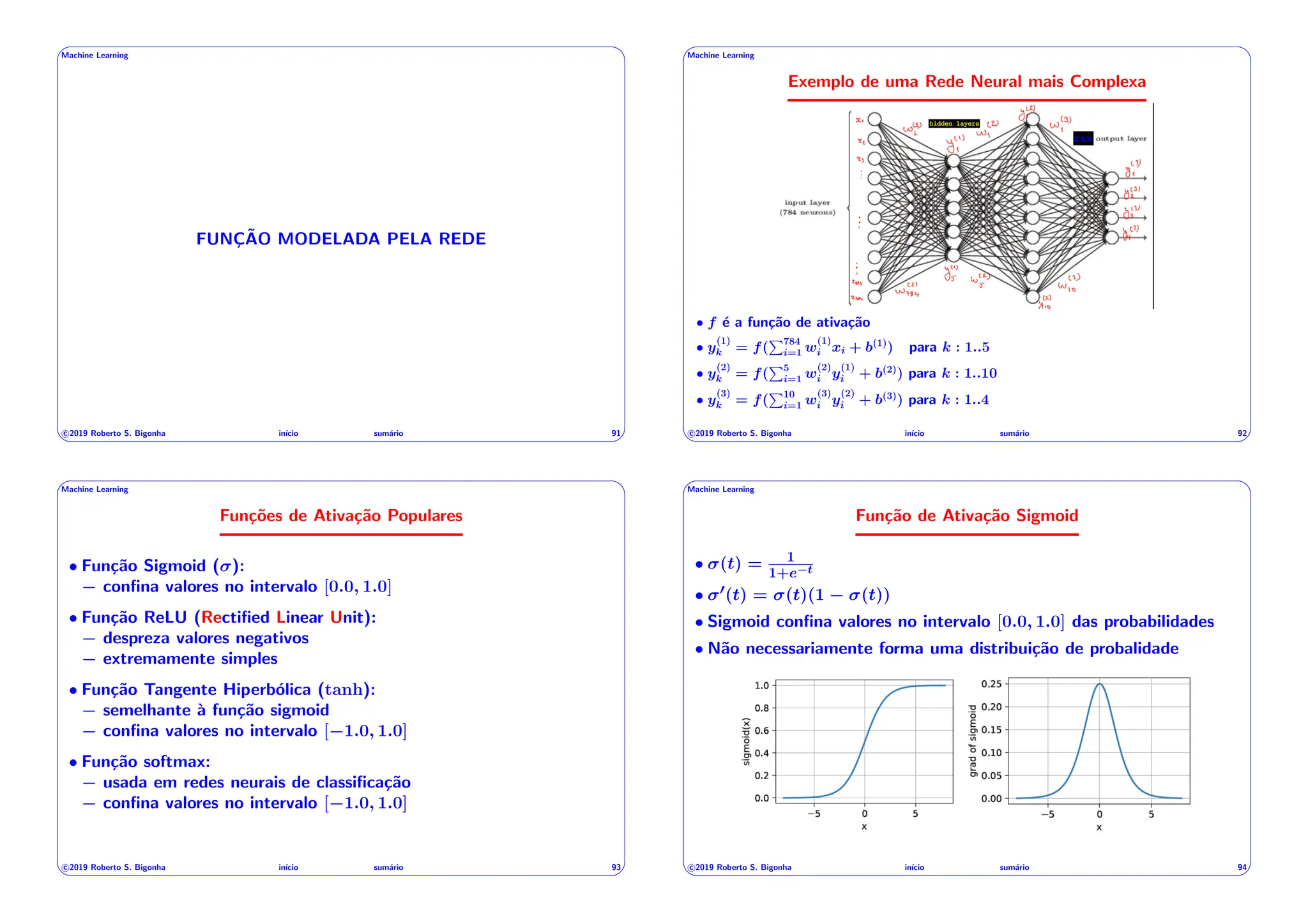 ' $
Machine Learning
FUNÇÃO MODELADA PELA REDE
c 2019 Roberto S. Bigonha inı́cio sumário 91
& %
' $
Machine Learning
Exemplo de uma Rede Neural mais Complexa
• f é a função de ativação
• y
(1)
k = f(
P784
i=1 w
(1)
i xi + b(1)
) para k : 1..5
• y
(2)
k = f(
P5
i=1 w
(2)
i y
(1)
i + b(2)
) para k : 1..10
• y
(3)
k = f(
P10
i=1 w
(3)
i y
(2)
i + b(3)
) para k : 1..4
c 2019 Roberto S. Bigonha inı́cio sumário 92
& %
' $
Machine Learning
Funções de Ativação Populares
• Função Sigmoid ( ):
confina valores no intervalo [0.0, 1.0]
• Função ReLU (Rectified Linear Unit):
despreza valores negativos
extremamente simples
• Função Tangente Hiperbólica (tanh):
semelhante à função sigmoid
confina valores no intervalo [ 1.0, 1.0]
• Função softmax:
usada em redes neurais de classificação
confina valores no intervalo [ 1.0, 1.0]
c 2019 Roberto S. Bigonha inı́cio sumário 93
& %
' $
Machine Learning
Função de Ativação Sigmoid
• (t) = 1
1+e t
• 0(t) = (t)(1 (t))
• Sigmoid confina valores no intervalo [0.0, 1.0] das probabilidades
• Não necessariamente forma uma distribuição de probalidade
c 2019 Roberto S. Bigonha inı́cio sumário 94
& %
 