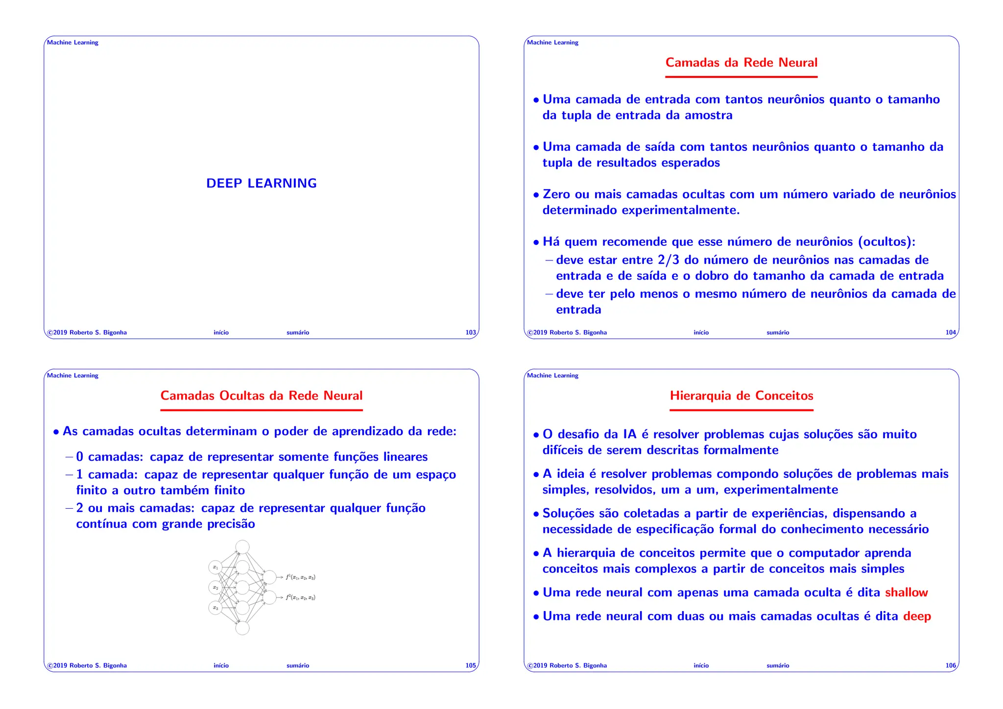 ' $
Machine Learning
DEEP LEARNING
c 2019 Roberto S. Bigonha inı́cio sumário 103
& %
' $
Machine Learning
Camadas da Rede Neural
• Uma camada de entrada com tantos neurônios quanto o tamanho
da tupla de entrada da amostra
• Uma camada de saı́da com tantos neurônios quanto o tamanho da
tupla de resultados esperados
• Zero ou mais camadas ocultas com um número variado de neurônios
determinado experimentalmente.
• Há quem recomende que esse número de neurônios (ocultos):
– deve estar entre 2/3 do número de neurônios nas camadas de
entrada e de saı́da e o dobro do tamanho da camada de entrada
– deve ter pelo menos o mesmo número de neurônios da camada de
entrada
c 2019 Roberto S. Bigonha inı́cio sumário 104
& %
' $
Machine Learning
Camadas Ocultas da Rede Neural
• As camadas ocultas determinam o poder de aprendizado da rede:
– 0 camadas: capaz de representar somente funções lineares
– 1 camada: capaz de representar qualquer função de um espaço
finito a outro também finito
– 2 ou mais camadas: capaz de representar qualquer função
contı́nua com grande precisão
c 2019 Roberto S. Bigonha inı́cio sumário 105
& %
' $
Machine Learning
Hierarquia de Conceitos
• O desafio da IA é resolver problemas cujas soluções são muito
difı́ceis de serem descritas formalmente
• A ideia é resolver problemas compondo soluções de problemas mais
simples, resolvidos, um a um, experimentalmente
• Soluções são coletadas a partir de experiências, dispensando a
necessidade de especificação formal do conhecimento necessário
• A hierarquia de conceitos permite que o computador aprenda
conceitos mais complexos a partir de conceitos mais simples
• Uma rede neural com apenas uma camada oculta é dita shallow
• Uma rede neural com duas ou mais camadas ocultas é dita deep
c 2019 Roberto S. Bigonha inı́cio sumário 106
& %
 