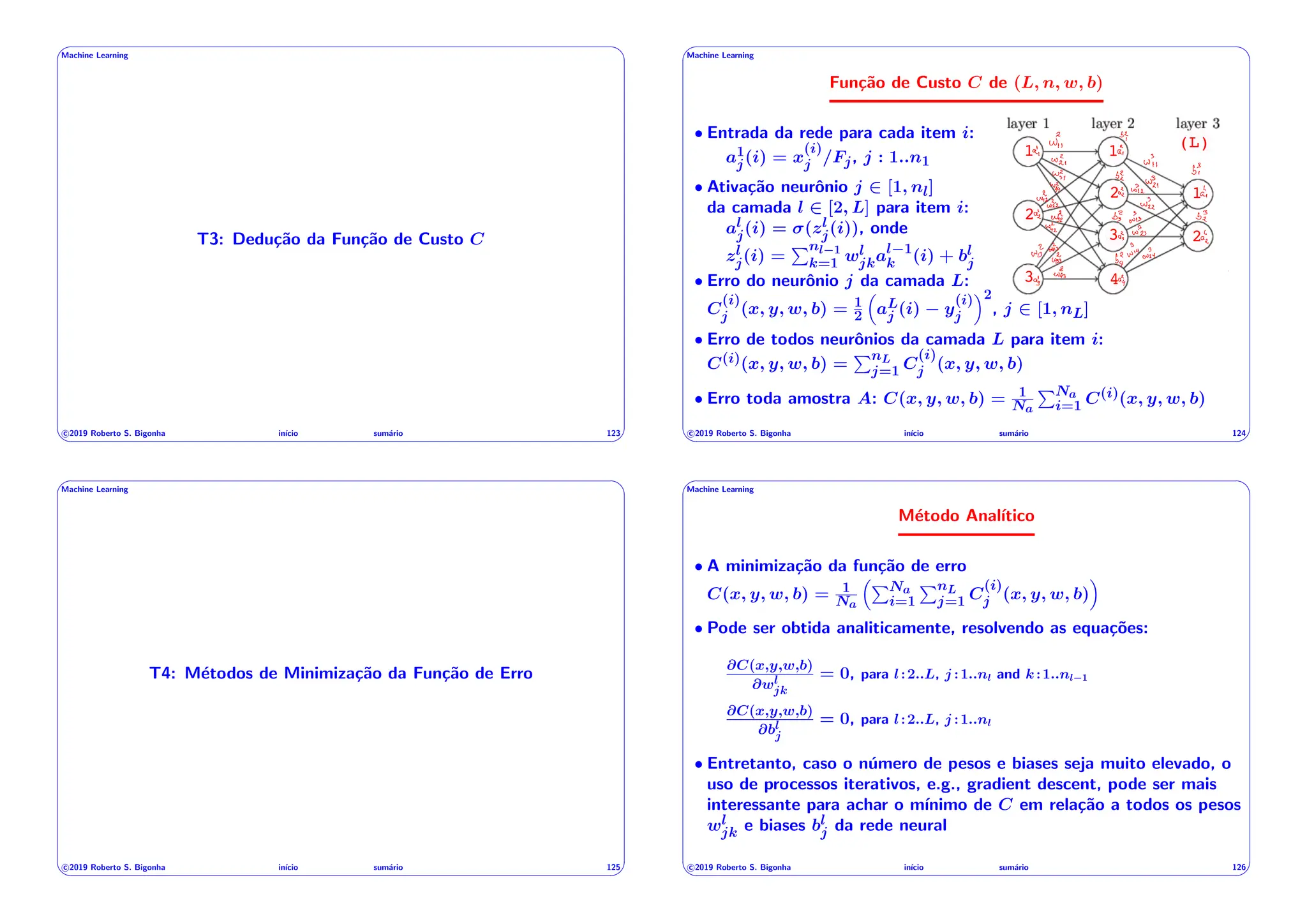 ' $
Machine Learning
T3: Dedução da Função de Custo C
c 2019 Roberto S. Bigonha inı́cio sumário 123
& %
' $
Machine Learning
Função de Custo C de (L, n, w, b)
• Entrada da rede para cada item i:
a1
j(i) = x
(i)
j /Fj, j : 1..n1
• Ativação neurônio j 2 [1, nl]
da camada l 2 [2, L] para item i:
al
j(i) = (zl
j(i)), onde
zl
j(i) =
Pnl 1
k=1 wl
jkal 1
k (i) + bl
j
• Erro do neurônio j da camada L:
C
(i)
j (x, y, w, b) = 1
2
⇣
aL
j (i) y
(i)
j
⌘2
, j 2 [1, nL]
• Erro de todos neurônios da camada L para item i:
C(i)(x, y, w, b) =
PnL
j=1 C
(i)
j (x, y, w, b)
• Erro toda amostra A: C(x, y, w, b) = 1
Na
PNa
i=1 C(i)(x, y, w, b)
(L)
1 1
1
2
2
2
3
3 4
c 2019 Roberto S. Bigonha inı́cio sumário 124
& %
' $
Machine Learning
T4: Métodos de Minimização da Função de Erro
c 2019 Roberto S. Bigonha inı́cio sumário 125
& %
' $
Machine Learning
Método Analı́tico
• A minimização da função de erro
C(x, y, w, b) = 1
Na
⇣PNa
i=1
PnL
j=1 C
(i)
j (x, y, w, b)
⌘
• Pode ser obtida analiticamente, resolvendo as equações:
@C(x,y,w,b)
@wl
jk
= 0, para l:2..L, j :1..nl and k:1..nl 1
@C(x,y,w,b)
@bl
j
= 0, para l:2..L, j :1..nl
• Entretanto, caso o número de pesos e biases seja muito elevado, o
uso de processos iterativos, e.g., gradient descent, pode ser mais
interessante para achar o mı́nimo de C em relação a todos os pesos
wl
jk e biases bl
j da rede neural
c 2019 Roberto S. Bigonha inı́cio sumário 126
& %
 