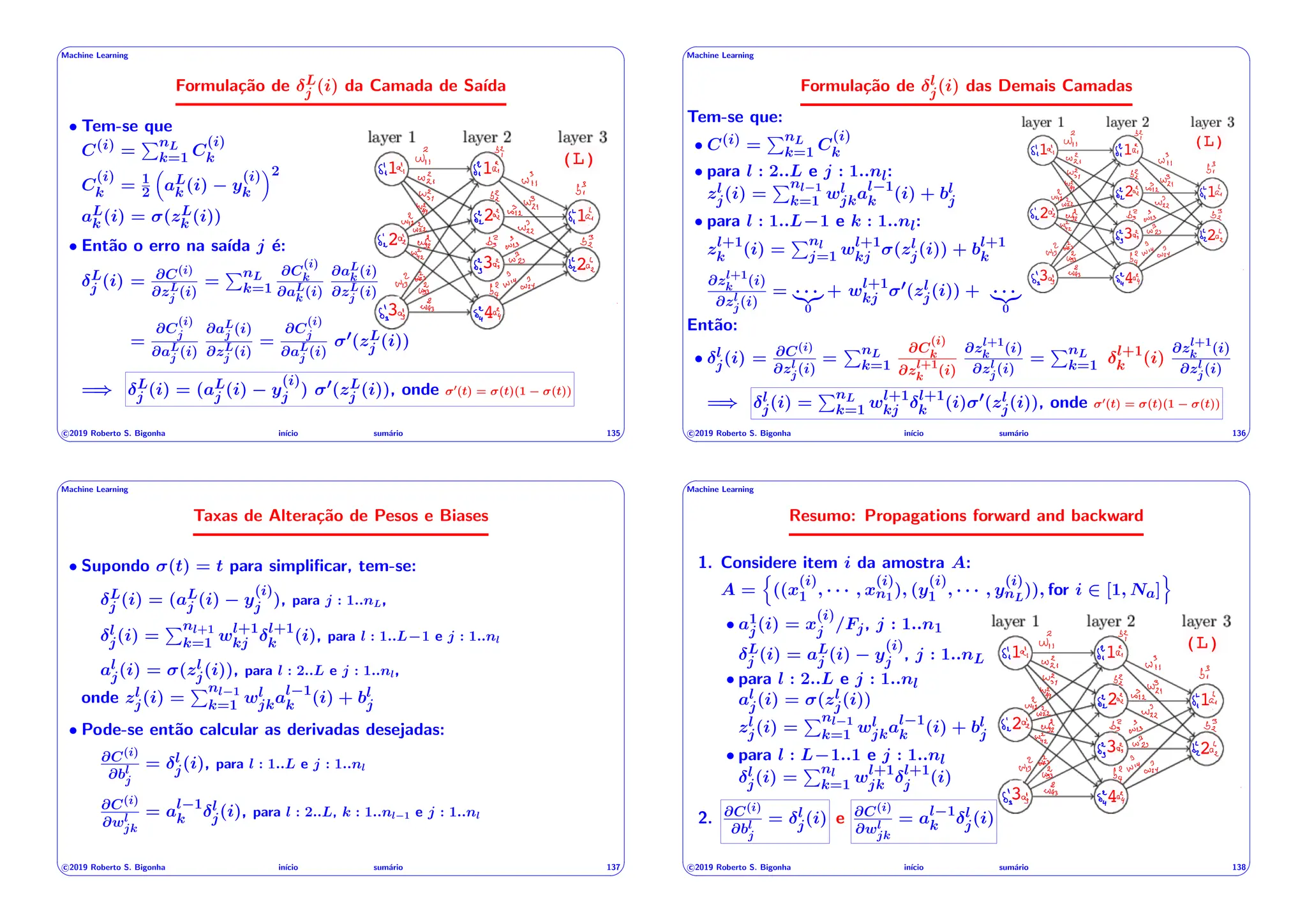 ' $
Machine Learning
Formulação de L
j (i) da Camada de Saı́da
(L)
1 1
1
2
2
2
3
3 4
• Tem-se que
C(i) =
PnL
k=1 C
(i)
k
C
(i)
k = 1
2
⇣
aL
k (i) y
(i)
k
⌘2
aL
k (i) = (zL
k (i))
• Então o erro na saı́da j é:
L
j (i) = @C(i)
@zL
j (i)
=
PnL
k=1
@C
(i)
k
@aL
k (i)
@aL
k (i)
@zL
j (i)
=
@C
(i)
j
@aL
j (i)
@aL
j (i)
@zL
j (i)
=
@C
(i)
j
@aL
j (i)
0(zL
j (i))
=) L
j (i) = (aL
j (i) y
(i)
j ) 0(zL
j (i)), onde 0
(t) = (t)(1 (t))
c 2019 Roberto S. Bigonha inı́cio sumário 135
& %
' $
Machine Learning
Formulação de l
j(i) das Demais Camadas
(L)
1 1
1
2
2
2
3
3 4
Tem-se que:
• C(i) =
PnL
k=1 C
(i)
k
• para l : 2..L e j : 1..nl:
zl
j(i) =
Pnl 1
k=1 wl
jkal 1
k (i) + bl
j
• para l : 1..L 1 e k : 1..nl:
zl+1
k (i) =
Pnl
j=1 wl+1
kj (zl
j(i)) + bl+1
k
@zl+1
k (i)
@zl
j(i)
= · · ·
|{z}
0
+ wl+1
kj
0(zl
j(i)) + · · ·
|{z}
0
Então:
• l
j(i) = @C(i)
@zl
j(i)
=
PnL
k=1
@C
(i)
k
@zl+1
k (i)
@zl+1
k (i)
@zl
j(i)
=
PnL
k=1
l+1
k (i)
@zl+1
k (i)
@zl
j(i)
=) l
j(i) =
PnL
k=1 wl+1
kj
l+1
k (i) 0(zl
j(i)), onde 0
(t) = (t)(1 (t))
c 2019 Roberto S. Bigonha inı́cio sumário 136
& %
' $
Machine Learning
Taxas de Alteração de Pesos e Biases
• Supondo (t) = t para simplificar, tem-se:
L
j (i) = (aL
j (i) y
(i)
j ), para j : 1..nL,
l
j(i) =
Pnl+1
k=1 wl+1
kj
l+1
k (i), para l : 1..L 1 e j : 1..nl
al
j(i) = (zl
j(i)), para l : 2..L e j : 1..nl,
onde zl
j(i) =
Pnl 1
k=1 wl
jkal 1
k (i) + bl
j
• Pode-se então calcular as derivadas desejadas:
@C(i)
@bl
j
= l
j(i), para l : 1..L e j : 1..nl
@C(i)
@wl
jk
= al 1
k
l
j(i), para l : 2..L, k : 1..nl 1 e j : 1..nl
c 2019 Roberto S. Bigonha inı́cio sumário 137
& %
' $
Machine Learning
Resumo: Propagations forward and backward
1. Considere item i da amostra A:
A =
n
((x
(i)
1 , · · · , x
(i)
n1), (y
(i)
1 , · · · , y
(i)
nL
)), for i 2 [1, Na]
o
(L)
1 1
1
2
2
2
3
3 4
• a1
j(i) = x
(i)
j /Fj, j : 1..n1
L
j (i) = aL
j (i) y
(i)
j , j : 1..nL
• para l : 2..L e j : 1..nl
al
j(i) = (zl
j(i))
zl
j(i) =
Pnl 1
k=1 wl
jkal 1
k (i) + bl
j
• para l : L 1..1 e j : 1..nl
l
j(i) =
Pnl
k=1 wl+1
jk
l+1
j (i)
2. @C(i)
@bl
j
= l
j(i) e @C(i)
@wl
jk
= al 1
k
l
j(i)
c 2019 Roberto S. Bigonha inı́cio sumário 138
& %
 