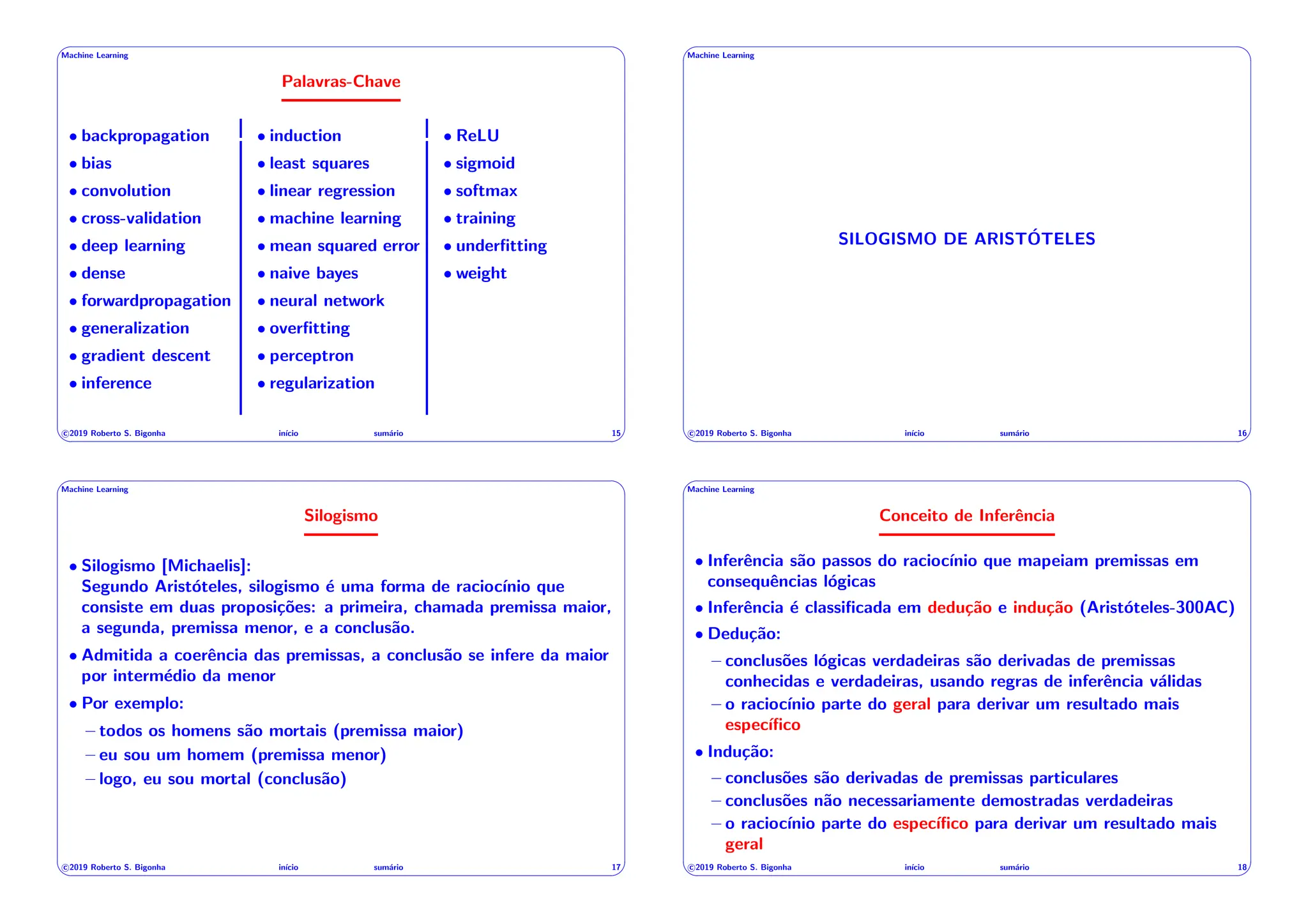 ' $
Machine Learning
Palavras-Chave
• backpropagation
• bias
• convolution
• cross-validation
• deep learning
• dense
• forwardpropagation
• generalization
• gradient descent
• inference
• induction
• least squares
• linear regression
• machine learning
• mean squared error
• naive bayes
• neural network
• overfitting
• perceptron
• regularization
• ReLU
• sigmoid
• softmax
• training
• underfitting
• weight
c 2019 Roberto S. Bigonha inı́cio sumário 15
& %
' $
Machine Learning
SILOGISMO DE ARISTÓTELES
c 2019 Roberto S. Bigonha inı́cio sumário 16
& %
' $
Machine Learning
Silogismo
• Silogismo [Michaelis]:
Segundo Aristóteles, silogismo é uma forma de raciocı́nio que
consiste em duas proposições: a primeira, chamada premissa maior,
a segunda, premissa menor, e a conclusão.
• Admitida a coerência das premissas, a conclusão se infere da maior
por intermédio da menor
• Por exemplo:
– todos os homens são mortais (premissa maior)
– eu sou um homem (premissa menor)
– logo, eu sou mortal (conclusão)
c 2019 Roberto S. Bigonha inı́cio sumário 17
& %
' $
Machine Learning
Conceito de Inferência
• Inferência são passos do raciocı́nio que mapeiam premissas em
consequências lógicas
• Inferência é classificada em dedução e indução (Aristóteles-300AC)
• Dedução:
– conclusões lógicas verdadeiras são derivadas de premissas
conhecidas e verdadeiras, usando regras de inferência válidas
– o raciocı́nio parte do geral para derivar um resultado mais
especı́fico
• Indução:
– conclusões são derivadas de premissas particulares
– conclusões não necessariamente demostradas verdadeiras
– o raciocı́nio parte do especı́fico para derivar um resultado mais
geral
c 2019 Roberto S. Bigonha inı́cio sumário 18
& %
 