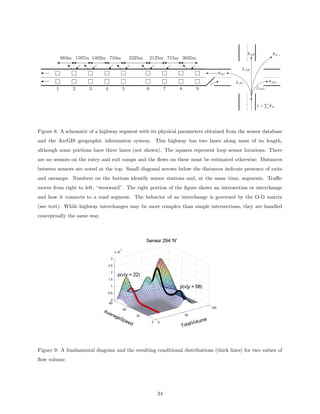 θAB          θA→
            663m 1597m 1402m 710m       2325m       2125m 715m 3035m

                                                                                         LAB
                                                                              θAC

                                                                                      LAC               θAD
        1       2     3      4      5           6          7   8       9                          LAD



                                                                                                  1=    θA·




Figure 8: A schematic of a highway segment with its physical parameters obtained from the sensor database
and the ArcGIS geographic information system. This highway has two lanes along most of its length,
although some portions have three lanes (not shown). The squares represent loop sensor locations. There
are no sensors on the entry and exit ramps and the ﬂows on these must be estimated otherwise. Distances
between sensors are noted at the top. Small diagonal arrows below the distances indicate presence of exits
and onramps. Numbers on the bottom identify sensor stations and, at the same time, segments. Traﬃc
moves from right to left, “westward”. The right portion of the ﬁgure shows an intersection or interchange
and how it connects to a road segment. The behavior of an interchange is governed by the O-D matrix
(see text). While highway interchanges may be more complex than simple intersections, they are handled
conceptually the same way.




Figure 9: A fundamental diagram and the resulting conditional distributions (thick lines) for two values of
ﬂow volume.




                                                      34
 