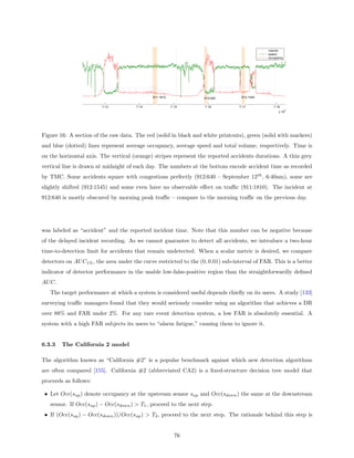 volume
                                                                                             speed
                                                                                             occupancy




                                              911:1810             912:640        912:1545


                         7.13          7.14              7.15      7.16          7.17           7.18
                                                                                                         4
                                                                                                   x 10




Figure 16: A section of the raw data. The red (solid in black and white printouts), green (solid with markers)
and blue (dotted) lines represent average occupancy, average speed and total volume, respectively. Time is
on the horizontal axis. The vertical (orange) stripes represent the reported accidents durations. A thin grey
vertical line is drawn at midnight of each day. The numbers at the bottom encode accident time as recorded
by TMC. Some accidents square with congestions perfectly (912:640 – September 12th , 6:40am), some are
slightly shifted (912:1545) and some even have no observable eﬀect on traﬃc (911:1810). The incident at
912:640 is mostly obscured by morning peak traﬃc – compare to the morning traﬃc on the previous day.




was labeled as “accident” and the reported incident time. Note that this number can be negative because
of the delayed incident recording. As we cannot guarantee to detect all accidents, we introduce a two-hour
time-to-detection limit for accidents that remain undetected. When a scalar metric is desired, we compare
detectors on AU C1% , the area under the curve restricted to the (0, 0.01) sub-interval of FAR. This is a better
indicator of detector performance in the usable low-false-positive region than the straightforwardly deﬁned
AU C.
   The target performance at which a system is considered useful depends chieﬂy on its users. A study [133]
surveying traﬃc managers found that they would seriously consider using an algorithm that achieves a DR
over 88% and FAR under 2%. For any rare event detection system, a low FAR is absolutely essential. A
system with a high FAR subjects its users to “alarm fatigue,” causing them to ignore it.


6.3.3   The California 2 model

The algorithm known as “California #2” is a popular benchmark against which new detection algorithms
are often compared [155]. California #2 (abbreviated CA2) is a ﬁxed-structure decision tree model that
proceeds as follows:

 • Let Occ(sup ) denote occupancy at the upstream sensor sup and Occ(sdown ) the same at the downstream
   sensor. If Occ(sup ) − Occ(sdown ) > T1 , proceed to the next step.
 • If (Occ(sup ) − Occ(sdown ))/Occ(sup ) > T2 , proceed to the next step. The rationale behind this step is


                                                           76
 