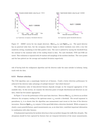 AMOC − Occupancy deviation detector, using s1up_occ − 7:57:31                                           AMOC − Speed deviation detector, using s1up_spd − 22:39:46
         120                                                                                                    120


                              110                                                                                  100
    Time to detection (min)




                                                                                         Time to detection (min)
                                                                                                                    80
                              100

                                                                                                                    60
                               90                                                                                                           AUC1: 1.200000
                                                      AUC1: 1.009336
                                                                                                                    40
                               80
                                                                                                                    20
                               70
                                                                                                                    0
                                0     0.01      0.02       0.03      0.04    0.05                                   0.05          0.1              0.15           0.2
                                      False alarm rate (per 5min interval)                                                 False alarm rate (per 5min interval)


                              (a) Upstream occupancy threshold detector                                              (b) Upstream speed threshold detector



Figure 17:                           AMOC curves for two simple detectors: Occ(sup , t0 ) and Spd(sup , t0 ). The speed detector
has no practical value here, but the occupancy detector begins to detect incidents even with a very low
sensitivity setting, translating to low false positive rates. The curve is plotted by varying the threshold from
the minimal to the maximal value of the reading found in data. For each threshold, TTD and FAR are
noted. This evaluation is repeated with 10 random sub-samplings of the incident database. The curve points
and the bars plotted are the average and standard deviation respectively.




risk of having both the realignment algorithm and the detector make the same mistake in lockstep, losing
touch with the data.


6.3.5                           Feature selection

The CA2 algorithm uses a surprisingly limited set of features. Could a better detection performance be
achieved if the detector takes advantage of multiple features? And which features?
   The information value of data-derived features depends strongly on the temporal aggregation of the
available data. In this section, we examine the detection power of simple distribution-tail detectors on our
data, which has ﬁve-minute aggregation.
   In Figure 17 we see the performance of the most basic detectors. Detector Occ(sup , t0 ) detects an accident
whenever the occupancy reading at the upstream sensor sup exceeds a threshold. The second argument in
parentheses, t0 , is to denote that the algorithm uses measurement most recent at the time of the detector
invocation. Detector Spd(sup , t0 ) outputs 1 if the speed falls below a detection threshold. While occupancy is
clearly a more powerful feature, speed measurements can, as we show later, contribute important information
in combination with other features.
   A fundamental expectation for incident detection is that an incident changes the traﬃc ﬂow abruptly. The
abruptness should be best captured by features that are temporal derivatives of the sensor measurements.


                                                                                    78
 