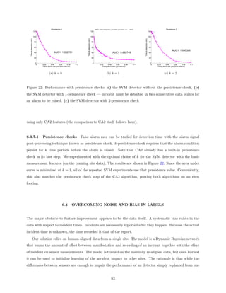 Persistence 0                                                      AMOC − SVM usings1down_vol,s1down_spd,s1down_occ... − 23:9:0                                                 Persistence 2
                            120                                                                            120                                                                                              120


                            100                                                                            100                                                                                              100




                                                                                 Time to detection (min)
  Time to detection (min)




                                                                                                                                                                                  Time to detection (min)
                             80                                                                             80                                                                                               80


                             60                                                                             60                                                                                               60
                                                                                                                                                                                                                                     AUC1: 1.045395
                             40                  AUC1: 1.022701                                             40                              AUC1: 0.692749                                                   40


                             20                                                                             20                                                                                               20


                              0                                                                              0                                                                                                0
                               0   0.02      0.04       0.06      0.08     0.1                                          0.02      0.04       0.06       0.08                0.1                                0   0.02      0.04       0.06      0.08    0.1
                                   False alarm rate (per 5min interval)                                                    False alarm rate (per interval)                                                         False alarm rate (per 5min interval)



                                           (a) k = 0                                                                               (b) k = 1                                                                               (c) k = 2



Figure 22: Performance with persistence checks: a) the SVM detector without the persistence check, (b)
the SVM detector with 1-persistence check — incident must be detected in two consecutive data points for
an alarm to be raised. (c) the SVM detector with 2-persistence check




using only CA2 features (the comparison to CA2 itself follows later).



6.3.7.1                            Persistence checks False alarm rate can be traded for detection time with the alarm signal
post-processing technique known as persistence check. k-persistence check requires that the alarm condition
persist for k time periods before the alarm is raised. Note that CA2 already has a built-in persistence
check in its last step. We experimented with the optimal choice of k for the SVM detector with the basic
measurement features (on the training site data). The results are shown in Figure 22. Since the area under
curve is minimized at k = 1, all of the reported SVM experiments use that persistence value. Conveniently,
this also matches the persistence check step of the CA2 algorithm, putting both algorithms on an even
footing.




                                                              6.4         OVERCOMING NOISE AND BIAS IN LABELS


The major obstacle to further improvement appears to be the data itself. A systematic bias exists in the
data with respect to incident times. Incidents are necessarily reported after they happen. Because the actual
incident time is unknown, the time recorded it that of the report.
                  Our solution relies on human-aligned data from a single site. The model is a Dynamic Bayesian network
that learns the amount of oﬀset between manifestation and recording of an incident together with the eﬀect
of incident on sensor measurements. The model is trained on the manually re-aligned data, but once learned
it can be used to initialize learning of the accident impact to other sites. The rationale is that while the
diﬀerences between sensors are enough to impair the performance of an detector simply replanted from one


                                                                                                                                          83
 