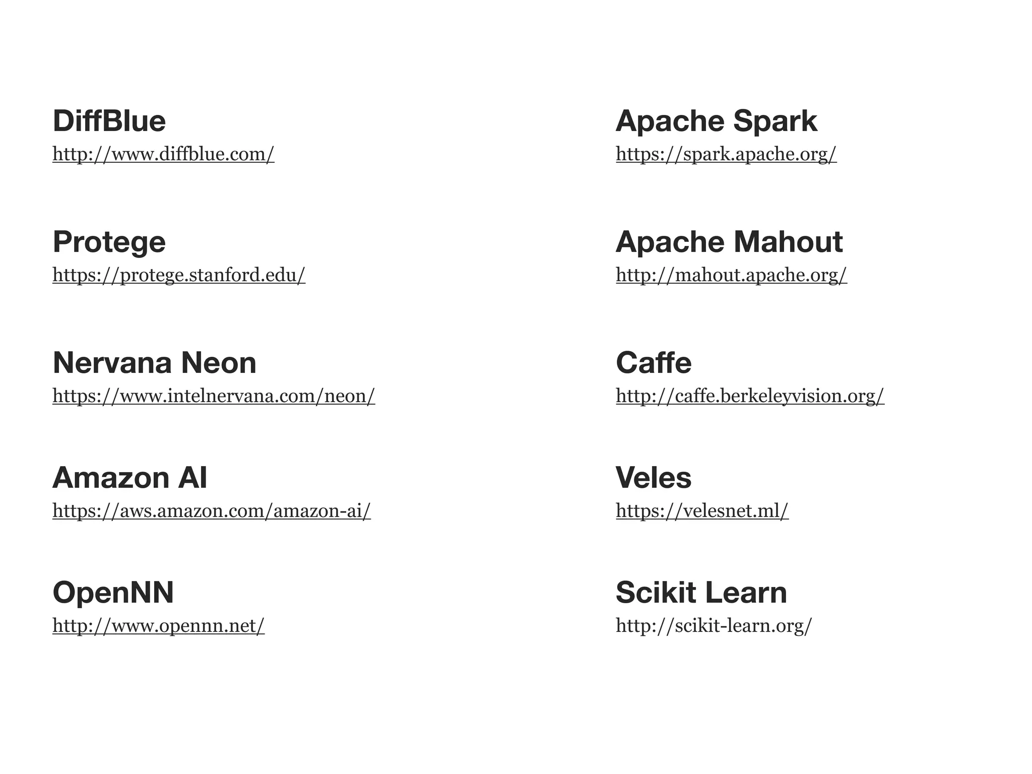 DiﬀBlue
http://www.diffblue.com/
Protege
https://protege.stanford.edu/
Nervana Neon
https://www.intelnervana.com/neon/
Amazon AI
https://aws.amazon.com/amazon-ai/
OpenNN
http://www.opennn.net/
Apache Spark
https://spark.apache.org/
Apache Mahout
http://mahout.apache.org/
Caﬀe
http://caffe.berkeleyvision.org/
Veles
https://velesnet.ml/
Scikit Learn
http://scikit-learn.org/
 