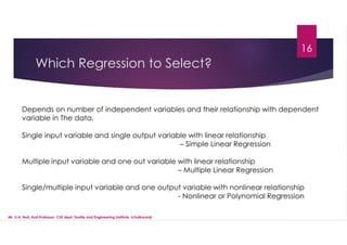 Which Regression to Select?
16
Depends on number of independent variables and their relationship with dependent
variable in The data.
Single input variable and single output variable with linear relationship
– Simple Linear Regression
Multiple input variable and one out variable with linear relationship
– Multiple Linear Regression
Single/multiple input variable and one output variable with nonlinear relationship
- Nonlinear or Polynomial Regression
Mr. U.A. Nuli, Asst.Professor, CSE dept, Textile and Engineering Institute, Ichalkaranji
 