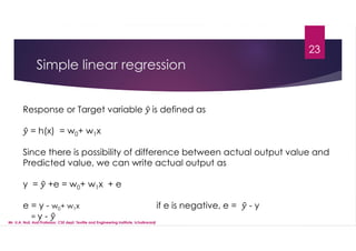 Simple linear regression
23
Response or Target variable is defined as
= h(x) = w0+ w1x
Since there is possibility of difference between actual output value and
Predicted value, we can write actual output as
y = +e = w0+ w1x + e
e = y - w0+ w1x if e is negative, e = - y
= y -
Mr. U.A. Nuli, Asst.Professor, CSE dept, Textile and Engineering Institute, Ichalkaranji
 