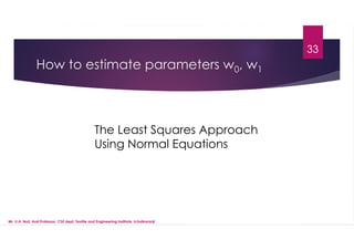 How to estimate parameters w0, w1
33
The Least Squares Approach
Using Normal Equations
Mr. U.A. Nuli, Asst.Professor, CSE dept, Textile and Engineering Institute, Ichalkaranji
 