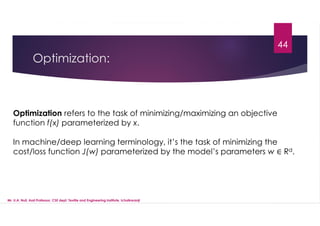Optimization:
44
Mr. U.A. Nuli, Asst.Professor, CSE dept, Textile and Engineering Institute, Ichalkaranji
Optimization refers to the task of minimizing/maximizing an objective
function f(x) parameterized by x.
In machine/deep learning terminology, it’s the task of minimizing the
cost/loss function J(w) parameterized by the model’s parameters w ∈ Rd.
 