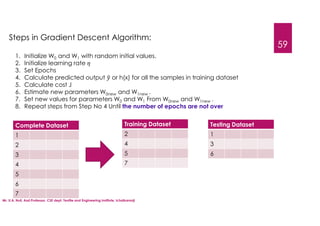 Mr. U.A. Nuli, Asst.Professor, CSE dept, Textile and Engineering Institute, Ichalkaranji
59
Steps in Gradient Descent Algorithm:
1. Initialize W0 and W1 with random initial values.
2. Initialize learning rate
3. Set Epochs
4. Calculate predicted output or h(x) for all the samples in training dataset
5. Calculate cost J
6. Estimate new parameters W0new and W1new .
7. Set new values for parameters W0 and W1 From W0new and W1new .
8. Repeat steps from Step No 4 Until the number of epochs are not over
Complete Dataset
1
2
3
4
5
6
7
Training Dataset
2
4
5
7
Testing Dataset
1
3
6
 