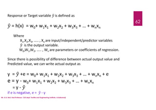 Mr. U.A. Nuli, Asst.Professor, CSE dept, Textile and Engineering Institute, Ichalkaranji
62
Response or Target variable is defined as
= h(x) = w0+ w1x1 + w2x2 + w3x3 + … + wnxn
Where
X1,X2,X3, ….. , Xn are input/independent/predictor variables
is the output variable.
W0,W1,W2, ….. , Wn are parameters or coefficients of regression.
Since there is possibility of difference between actual output value and
Predicted value, we can write actual output as
y = +e = w0+ w1x1 + w2x2 + w3x3 + … + wnxn + e
e = y - w0+ w1x1 + w2x2 + w3x3 + … + wnxn
= y -
if e is negative, e = - y
 