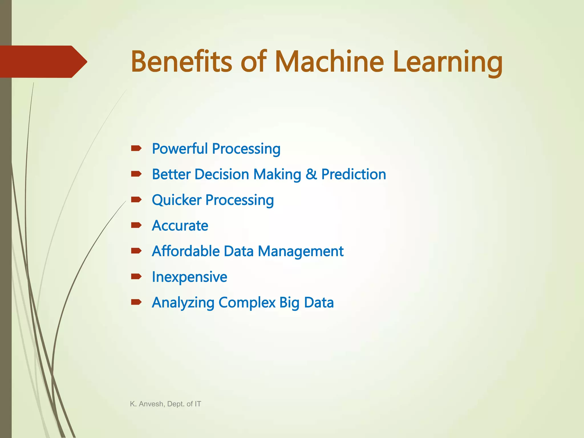 Benefits of Machine Learning  Powerful Processing  Better Decision Making & Prediction  Quicker Processing  Accurate  Affordable Data Management  Inexpensive  Analyzing Complex Big Data K. Anvesh, Dept. of IT 