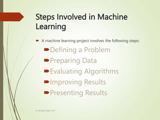 Steps Involved in Machine
Learning
 A machine learning project involves the following steps:
Defining a Problem
Preparing Data
Evaluating Algorithms
Improving Results
Presenting Results
K. Anvesh, Dept. of IT
 