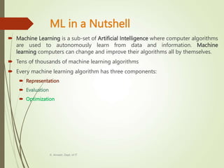 ML in a Nutshell
 Machine Learning is a sub-set of Artificial Intelligence where computer algorithms
are used to autonomously learn from data and information. Machine
learning computers can change and improve their algorithms all by themselves.
 Tens of thousands of machine learning algorithms
 Every machine learning algorithm has three components:
 Representation
 Evaluation
 Optimization
K. Anvesh, Dept. of IT
 