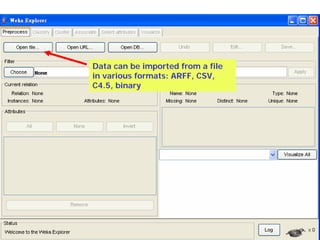 Data can be imported from a file
in various formats: ARFF, CSV,
C4.5, binary
 