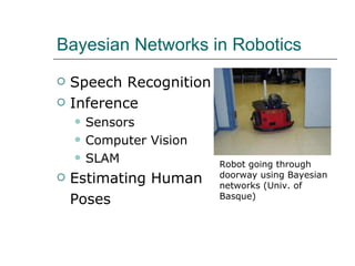Bayesian Networks in Robotics Speech Recognition  Inference Sensors Computer Vision SLAM Estimating Human Poses Robot going through doorway using Bayesian networks (Univ. of Basque) 