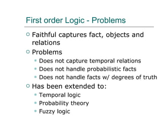 First order Logic - Problems Faithful captures fact, objects and relations Problems Does not capture temporal relations Does not handle probabilistic facts Does not handle facts w/ degrees of truth Has been extended to: Temporal logic Probability theory Fuzzy logic 