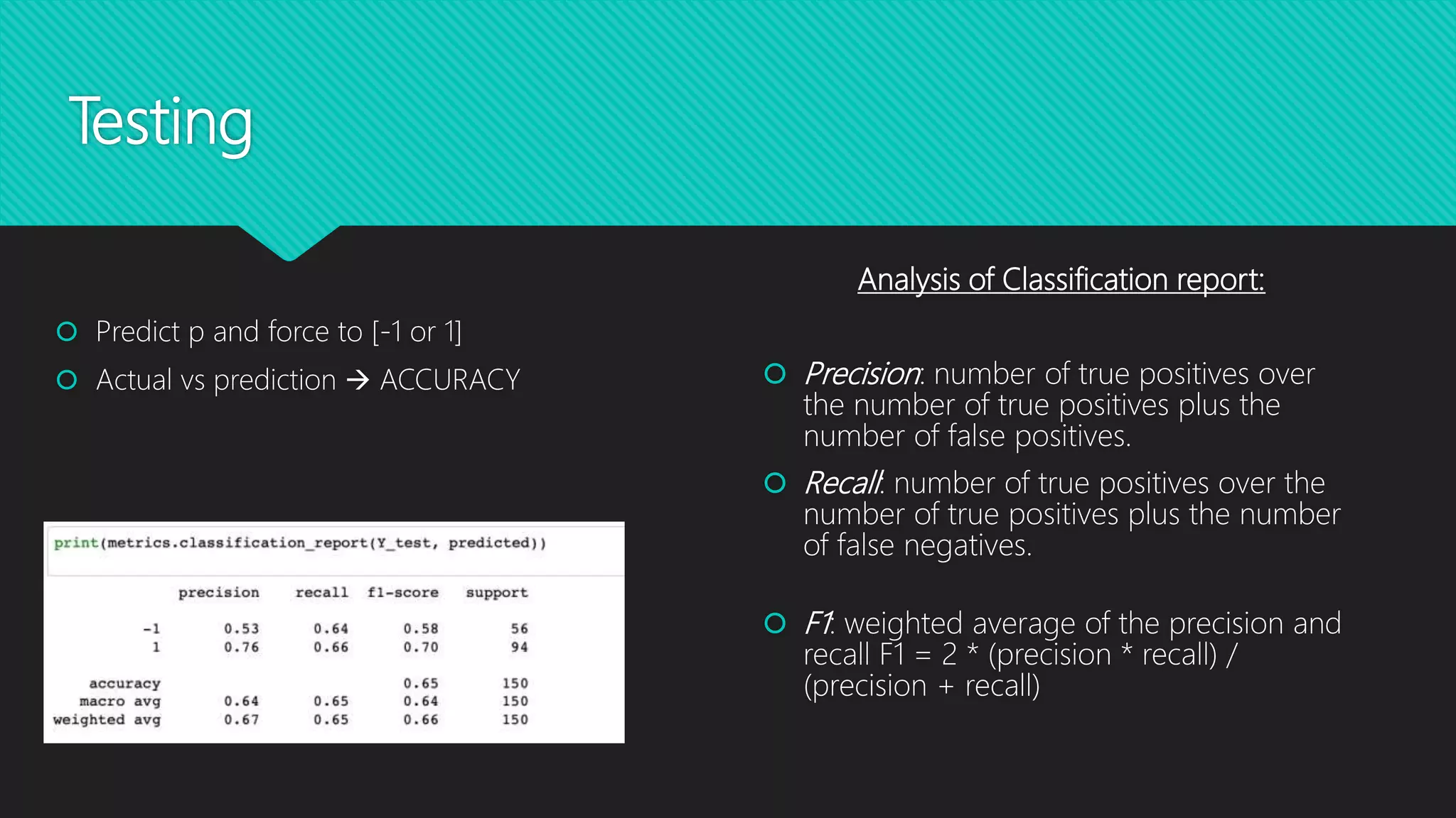 Testing
 Predict p and force to [-1 or 1]
 Actual vs prediction  ACCURACY
Analysis of Classification report:
 Precision: number of true positives over
the number of true positives plus the
number of false positives.
 Recall: number of true positives over the
number of true positives plus the number
of false negatives.
 F1: weighted average of the precision and
recall F1 = 2 * (precision * recall) /
(precision + recall)
 