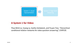 20/08/2020 30
A System 1 for Video
Thao Minh Le, Vuong Le, Svetha Venkatesh, and Truyen Tran, “Hierarchical
conditional relation networks for video question answering”, CVPR'20.
System 1: visual
representation
System 2: High-level
reasoning
 