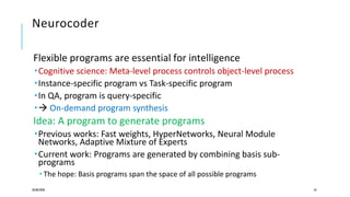 Neurocoder
Flexible programs are essential for intelligence
Cognitive science: Meta-level process controls object-level process
Instance-specific program vs Task-specific program
In QA, program is query-specific
 On-demand program synthesis
Idea: A program to generate programs
Previous works: Fast weights, HyperNetworks, Neural Module
Networks, Adaptive Mixture of Experts
Current work: Programs are generated by combining basis sub-
programs
 The hope: Basis programs span the space of all possible programs
20/08/2020 54
 