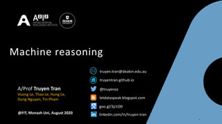 20/08/2020 1
@FIT, Monash Uni, August 2020
A/Prof Truyen Tran
Vuong Le, Thao Le, Hung Le,
Dung Nguyen, Tin Pham
@truyenoz
truyentran.github.io
truyen.tran@deakin.edu.au
letdataspeak.blogspot.com
goo.gl/3jJ1O0
Machine reasoning
linkedin.com/in/truyen-tran
 