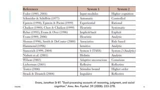 24/06/2020 16
Evans, Jonathan St BT. "Dual-processing accounts of reasoning, judgment, and social
cognition." Annu. Rev. Psychol. 59 (2008): 255-278.
 
