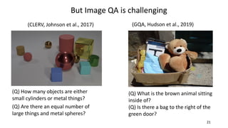 But Image QA is challenging
21
(CLERV, Johnson et al., 2017)
(Q) How many objects are either
small cylinders or metal things?
(Q) Are there an equal number of
large things and metal spheres?
(GQA, Hudson et al., 2019)
(Q) What is the brown animal sitting
inside of?
(Q) Is there a bag to the right of the
green door?
 