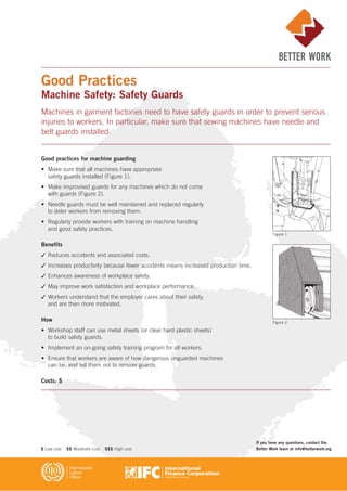 Good practices for machine guarding
• Make sure that all machines have appropriate
safety guards installed (Figure 1).
• Make improvised guards for any machines which do not come
with guards (Figure 2).
• Needle guards must be well maintained and replaced regularly
to deter workers from removing them.
• Regularly provide workers with training on machine handling
and good safety practices.
Benefits
✓ Reduces accidents and associated costs.
✓ Increases productivity because fewer accidents means increased production time.
✓ Enhances awareness of workplace safety.
✓ May improve work satisfaction and workplace performance.
✓ Workers understand that the employer cares about their safety,
and are then more motivated.
How
• Workshop staff can use metal sheets (or clear hard plastic sheets)
to build safety guards.
• Implement an on-going safety training program for all workers.
• Ensure that workers are aware of how dangerous unguarded machines
can be, and tell them not to remove guards.
Costs: $
Good Practices
Machine Safety: Safety Guards
Machines in garment factories need to have safety guards in order to prevent serious
injuries to workers. In particular, make sure that sewing machines have needle and
belt guards installed.
If you have any questions, contact the
Better Work team at info@betterwork.org$ Low cost $$ Moderate cost $$$ High cost
Figure 1
Figure 2
 