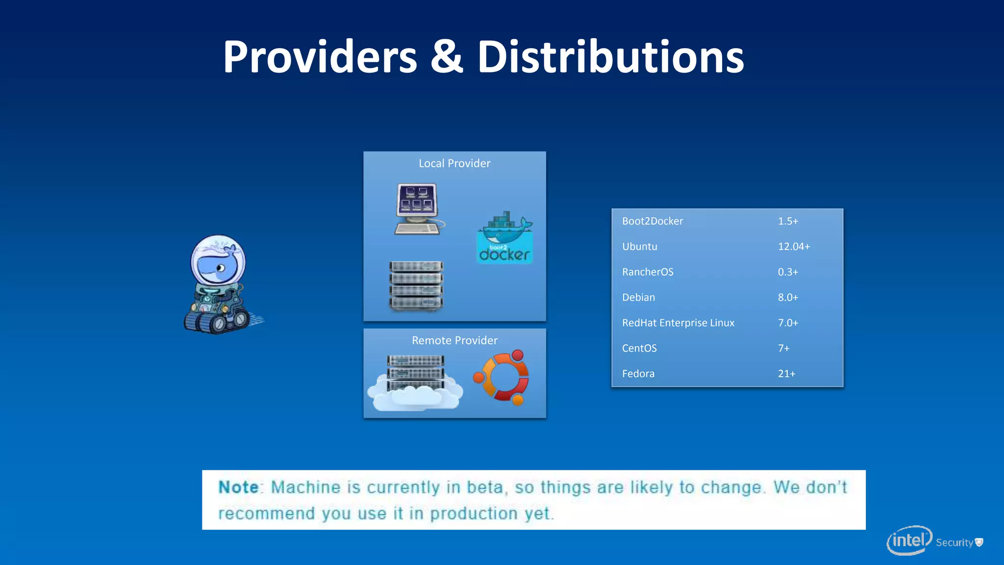 Remote Provider
Local Provider
Providers & Distributions
Boot2Docker 1.5+
Ubuntu 12.04+
RancherOS 0.3+
Debian 8.0+
RedHat Enterprise Linux 7.0+
CentOS 7+
Fedora 21+
 