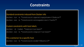 Constraints
Standard constraints induced from Docker info
docker run –e "constraint:operatingsystem==*fedora*"
docker run –e "constraint:storagedriver==*aufs*"
Custom constraints with host labels
docker –d –label "region==us-east"
docker run –e "constraint:region==us-east"
Pin a container to a specific host
docker run –e "constraint:node==Ubuntu-2"
 