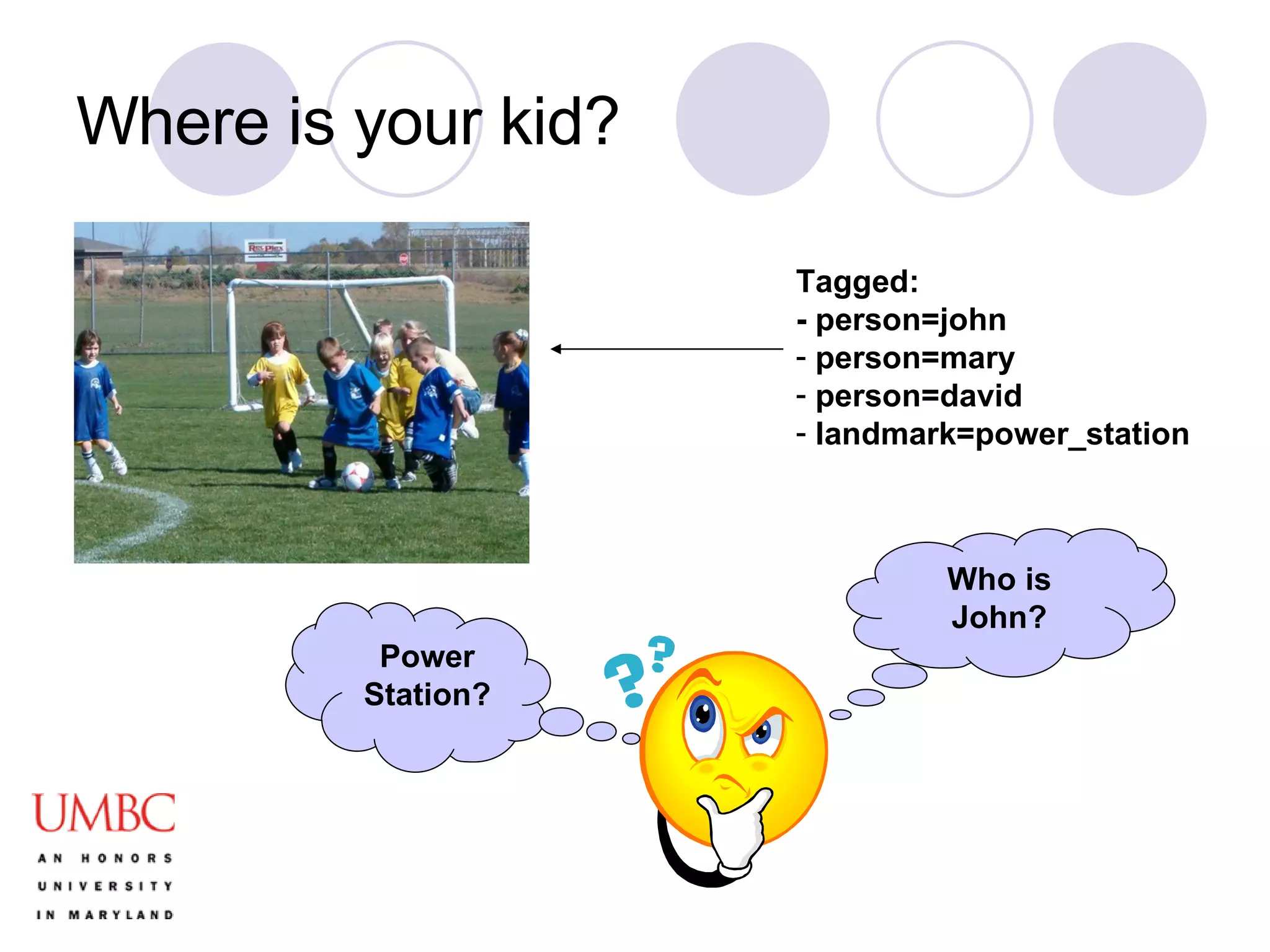 Where is your kid? Tagged:  - person=john person=mary person=david landmark=power_station Who is John? Power Station? 