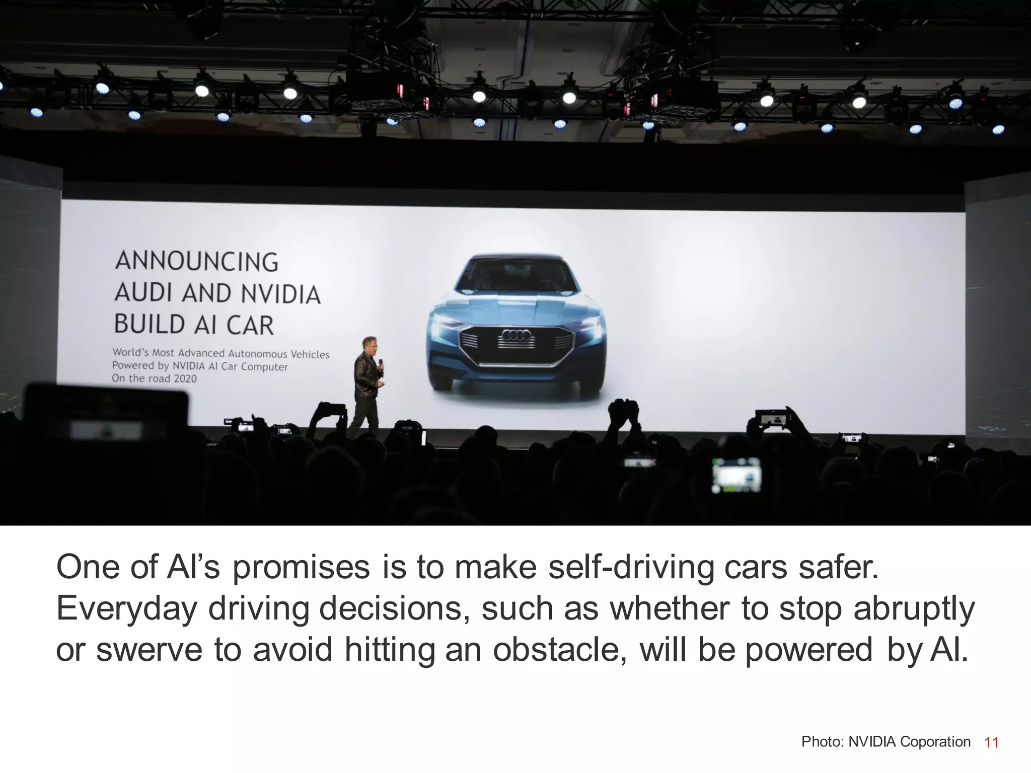 11Photo: NVIDIA Coporation
One of AI’s promises is to make self-driving cars safer.
Everyday driving decisions, such as whether to stop abruptly
or swerve to avoid hitting an obstacle, will be powered by AI.
11
 