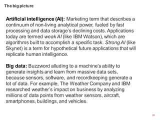 20
Artificial intelligence (AI): Marketing term that describes a
continuum of non-living analytical power, fueled by fast
...
