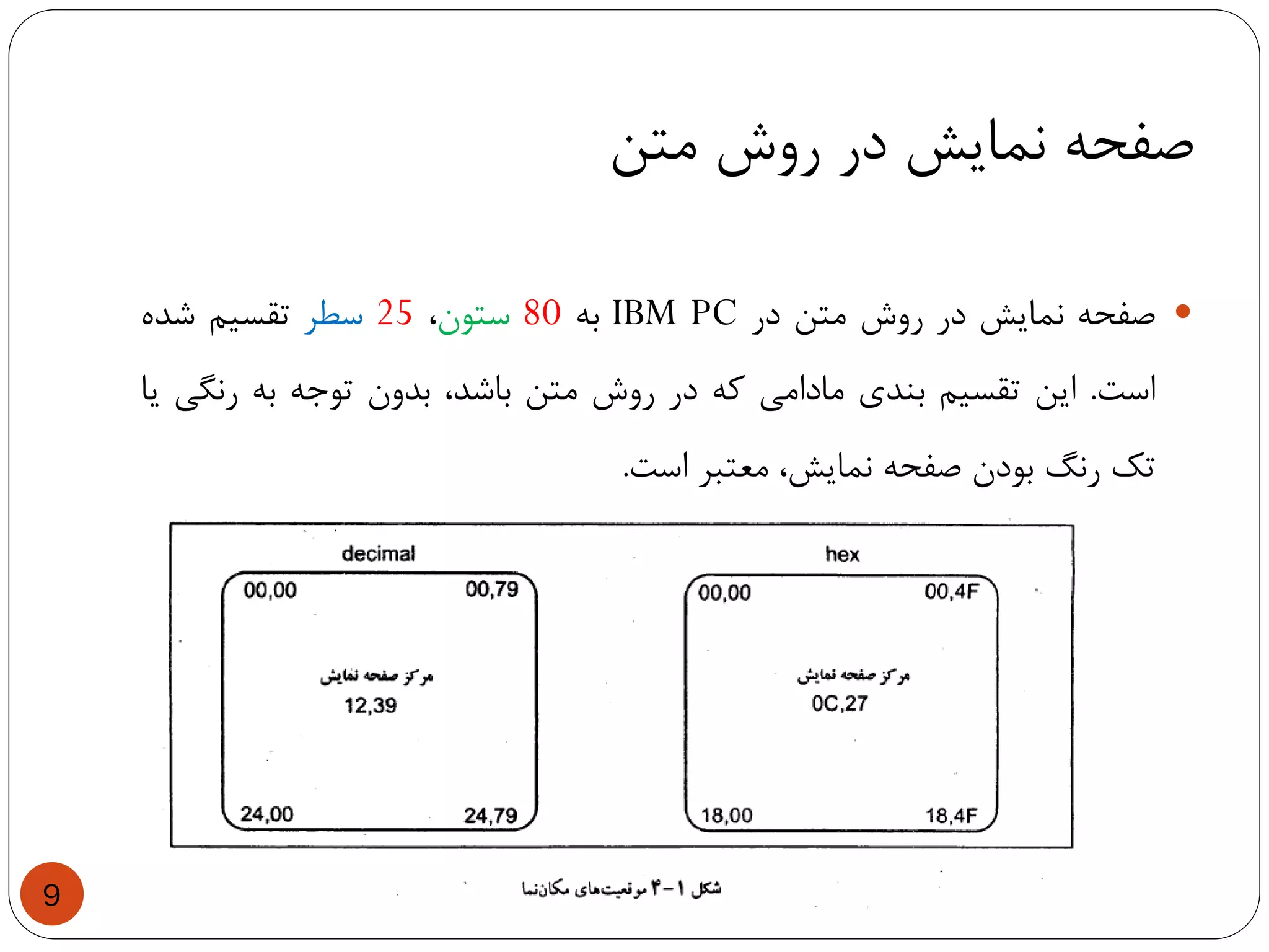 ‫متن‬ ‫روش‬ ‫در‬ ‫نمایش‬ ‫صفحه‬
9
‫صفحه‬‫نمایش‬‫در‬‫روش‬‫متن‬‫در‬IBM PC‫به‬80‫ستون‬،25‫سطر‬‫تقسیم‬‫شده‬
‫است‬.‫این‬‫تقسیم‬‫بندی‬‫مادامی‬‫که‬‫در‬‫روش‬‫متن‬،‫باشد‬‫بدون‬‫توجه‬‫به‬‫رنگی‬‫یا‬
‫تک‬‫رنگ‬‫بودن‬‫صفحه‬،‫نمایش‬‫معتبر‬‫است‬.
 