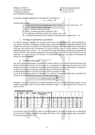 Philippe LE BRUN Florence.vadee@wanadoo.fr
Lycée Louis ARMAND : 01 45 14 28 28
173 Bd de Strasbourg : 01 48 73 63 15
94736 NOGENT sur Marne
14
La tension continue à appliquer aux enroulements est donnée par :
14 ...3 RIkkU fif =
formules dans laquelle :
Les valeurs de k3 pour les 4 schémas sont : k3a = 2, k3b = 1.5, k3c = 0.66 et k3d = 0.5
Uf (en V) = tension continue de freinage
lf (en A) = courant continu de freinage
R1 (en Ω)= résistance par phase statorique à 20° C
k3i = coefficients numériques relatifs aux schémas a, b, c et d
k4 = coefficient numérique tenant compte de l'échauffement du moteur (k4 = 1.3)
c. Freinage en génératrice asynchrone
Ce mode de freinage s'applique aux moteurs multi-vitesses lors du passage à la vitesse inférieure ou
aux moteurs alimentés en fréquence variable lorsque celle-ci descend. Il est impossible d'obtenir l'arrêt
complet du moteur par ce procédé. Les sollicitations thermiques sont approximativement identiques à
celles qui sont obtenues par le démarrage à la vitesse inférieure dans le cas des moteurs à couplage
Dahlander (rapport des vitesses 1 : 2). Le couple de freinage développé par la machine asynchrone, de
vitesse inférieure, fonctionnant en génératrice asynchrone dans l'intervalle de vitesse (2Ns, Ns) est très
important. Le couple maximal de freinage est sensiblement supérieur au couple de démarrage du
moteur de vitesse inférieure.
d. Freinage mécanique
Des freins électro-magnétiques (excitation en courant continu ou en courant alternatif) peuvent être
montés à l'arrière des moteurs. Ils peuvent venir en complément d’un freinage électrique pour l’arrêt
complet du moteur et son maintien en position sans alimentation. Ces freins sont toujours à manque de
courant c’est à dire que le freinage se fait en l’absence d’alimentation du frein.
Le dimensionnement et le choix de ce frein se font de la manière suivante :
La loi de la dynamique permet de déterminer le couple de freinage nécessaire pour immobiliser la
charge en un temps donné par la norme ou le cahier des charges.
dt
d
JCC Trf
Ω
=−+− /
Attention Cr le couple résistant de la machine entraînée peut être un couple de freinage (signe -) ou un
couple d’accélération, dans le cas de charge entraînante (signe +). La détermination de Cf permet de
choisir le frein.
Il existe deux types de freins : les freins de positionnement et les freins de secours qui se distinguent
par le travail de friction admissible (ou énergie de friction). Cette énergie dissipée dans les garnitures
de frein par échauffement vaut :
 