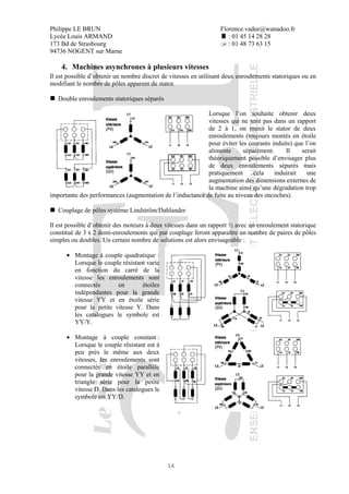 Philippe LE BRUN Florence.vadee@wanadoo.fr
Lycée Louis ARMAND : 01 45 14 28 28
173 Bd de Strasbourg : 01 48 73 63 15
94736 NOGENT sur Marne
16
4. Machines asynchrones à plusieurs vitesses
Il est possible d’obtenir un nombre discret de vitesses en utilisant deux enroulements statoriques ou en
modifiant le nombre de pôles apparent du stator.
Double enroulements statoriques séparés
Lorsque l’on souhaite obtenir deux
vitesses qui ne sont pas dans un rapport
de 2 à 1, on munit le stator de deux
enroulements (toujours montés en étoile
pour éviter les courants induits) que l’on
alimente séparément. Il serait
théoriquement possible d’envisager plus
de deux enroulements séparés mais
pratiquement cela induirait une
augmentation des dimensions externes de
la machine ainsi qu’une dégradation trop
importante des performances (augmentation de l’inductance de fuite au niveau des encoches).
Couplage de pôles système Lindström/Dahlander
Il est possible d’obtenir des moteurs à deux vitesses dans un rapport ½ avec un enroulement statorique
constitué de 3 x 2 demi-enroulements qui par couplage feront apparaître un nombre de paires de pôles
simples ou doubles. Un certain nombre de solutions est alors envisageable :
• Montage à couple quadratique :
Lorsque le couple résistant varie
en fonction du carré de la
vitesse les enroulements sont
connectés en étoiles
indépendantes pour la grande
vitesse YY et en étoile série
pour la petite vitesse Y. Dans
les catalogues le symbole est
YY/Y.
• Montage à couple constant :
Lorsque le couple résistant est à
peu près le même aux deux
vitesses, les enroulements sont
connectés en étoile parallèle
pour la grande vitesse YY et en
triangle série pour la petite
vitesse D. Dans les catalogues le
symbole est YY/D.
 